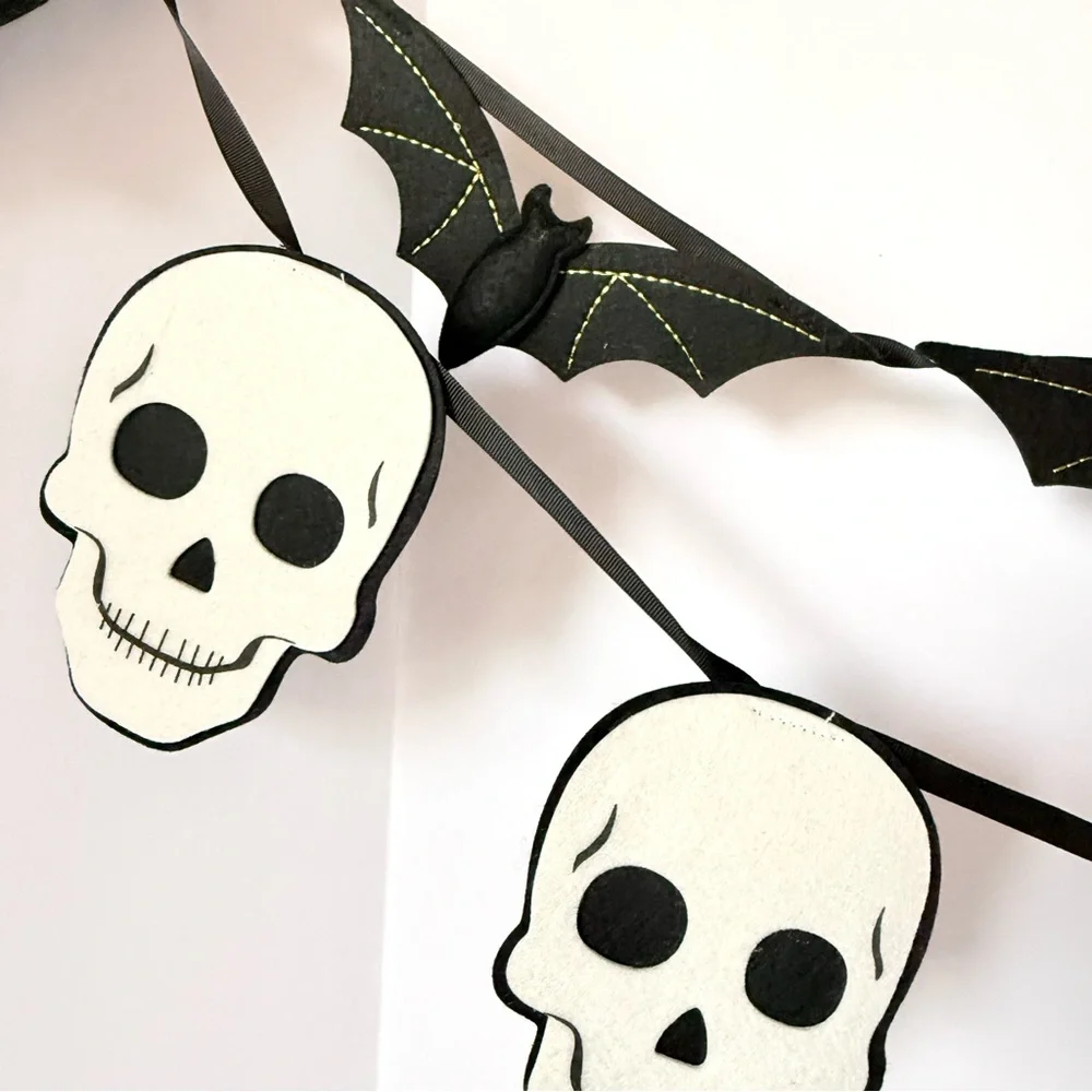 Set of 2 Halloween Felt Garland Decorations, Skulls & Bats, 72” Each